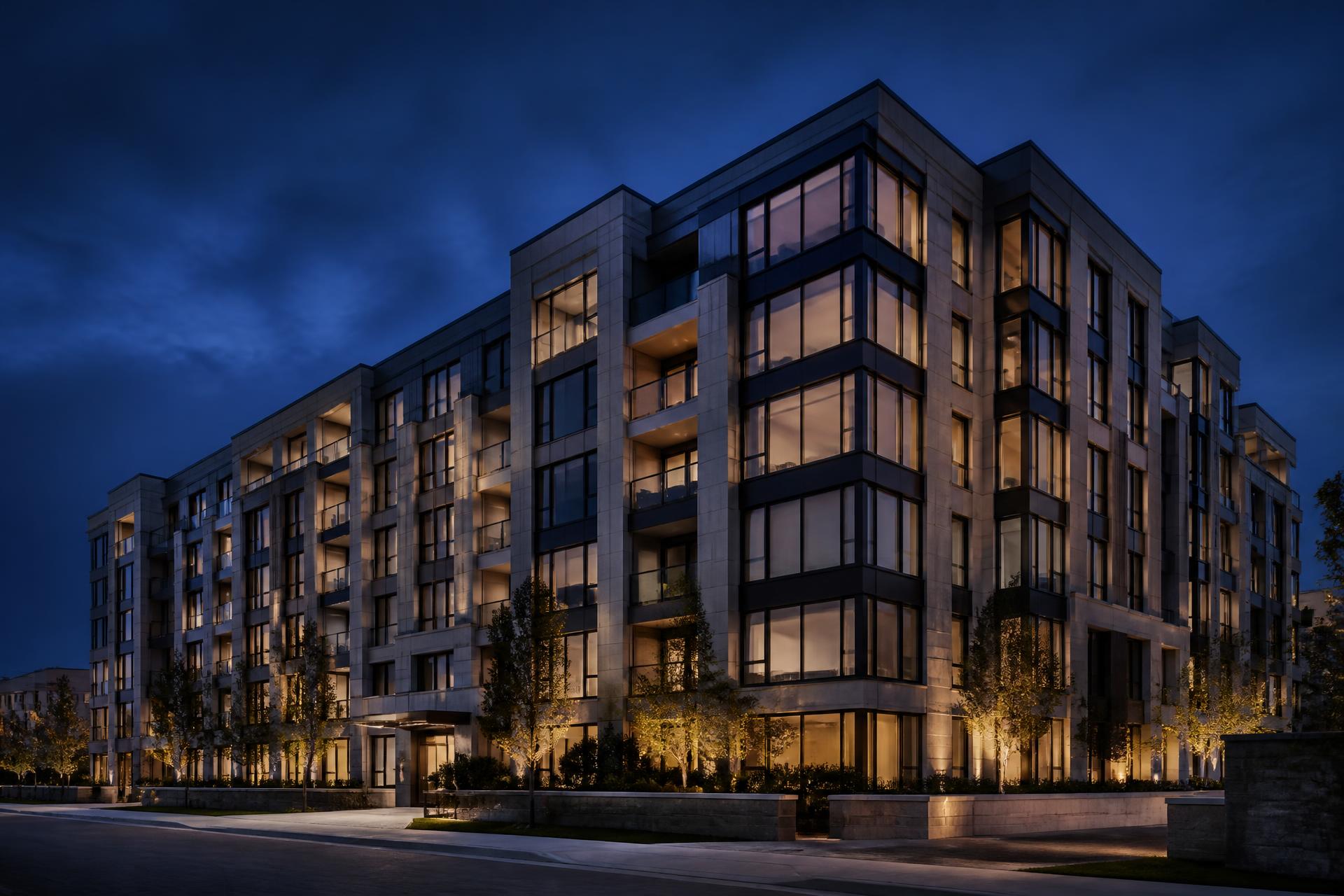 Institutional-quality multifamily building at dusk